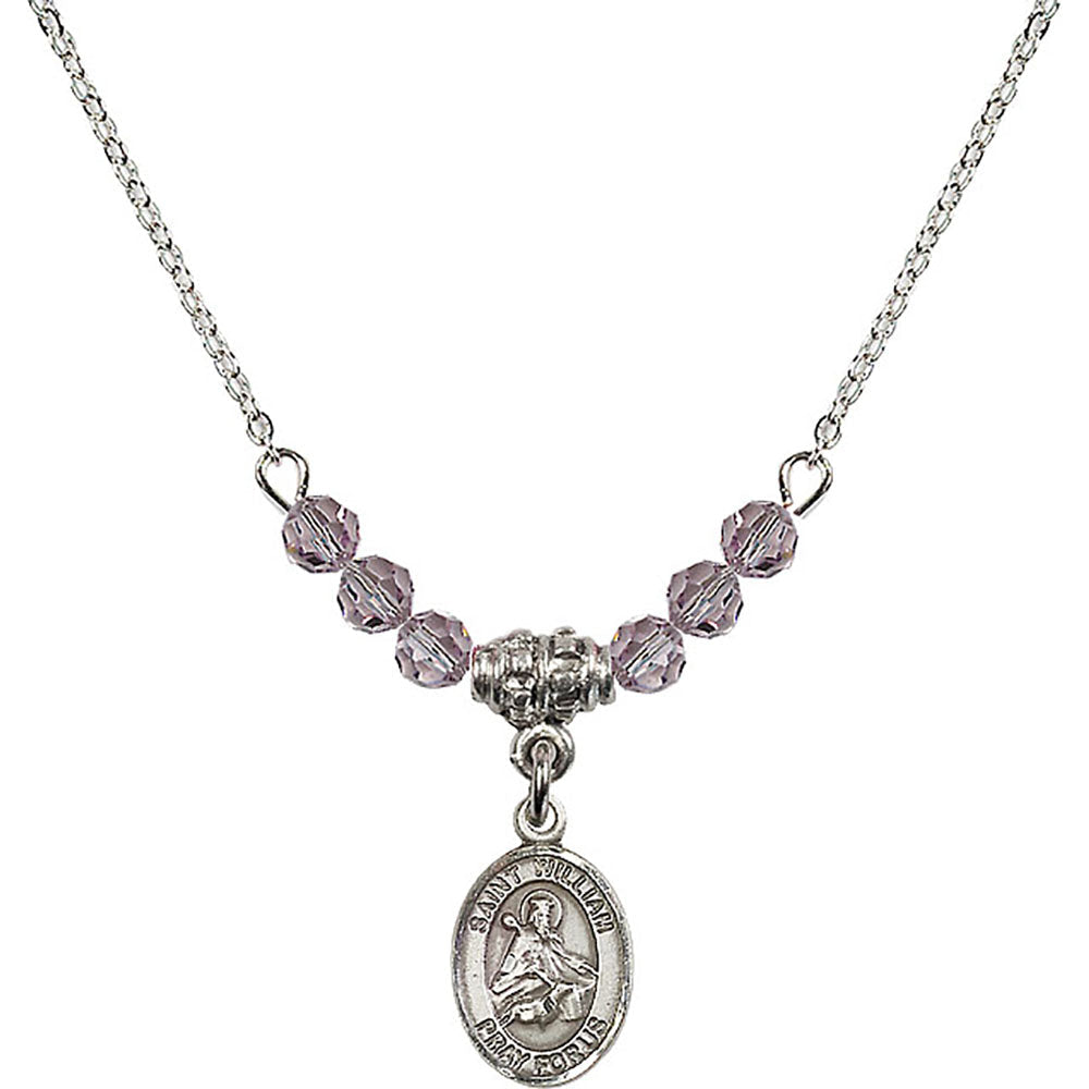 Sterling Silver Saint William of Rochester Birthstone Necklace with Light Amethyst Beads - 9114
