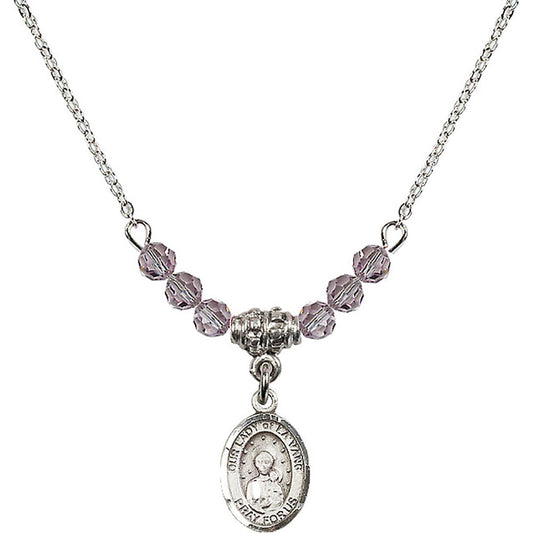Sterling Silver Our Lady of la Vang Birthstone Necklace with Light Amethyst Beads - 9115