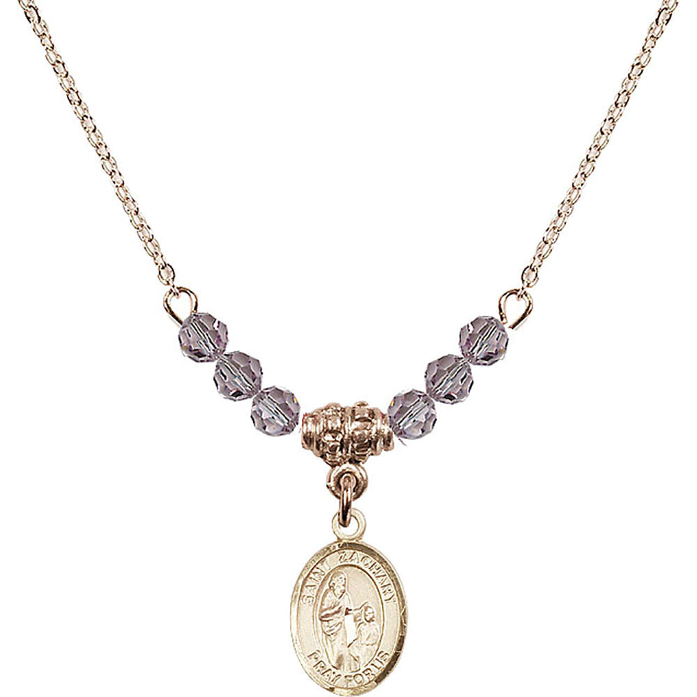 14kt Gold Filled Saint Zachary Birthstone Necklace with Light Amethyst Beads - 9116