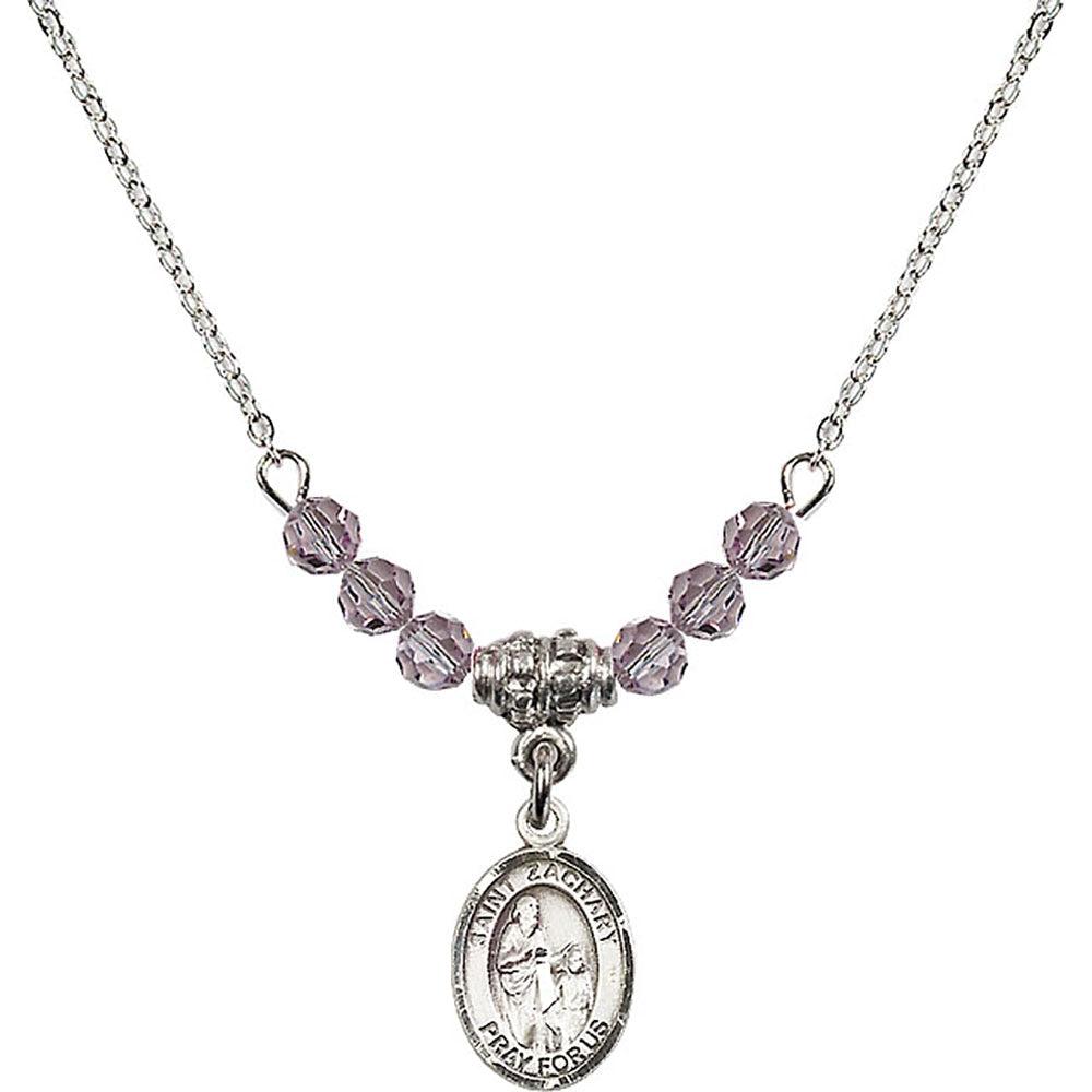 Sterling Silver Saint Zachary Birthstone Necklace with Light Amethyst Beads - 9116