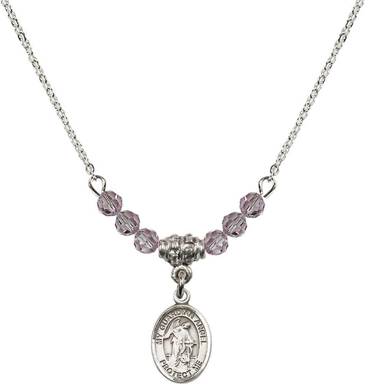 Sterling Silver Guardian Angel w/Child Birthstone Necklace with Light Amethyst Beads - 9118