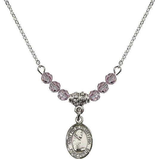 Sterling Silver Saint Pio of Pietrelcina Birthstone Necklace with Light Amethyst Beads - 9125