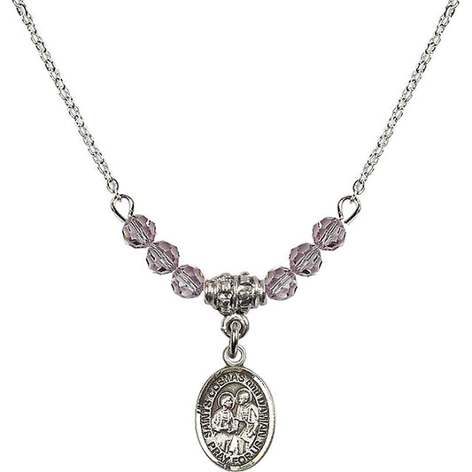 Sterling Silver Saints Cosmas & Damian Birthstone Necklace with Light Amethyst Beads - 9132