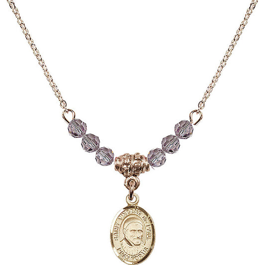 14kt Gold Filled Saint Vincent De Paul Birthstone Necklace with Light Amethyst Beads - 9134