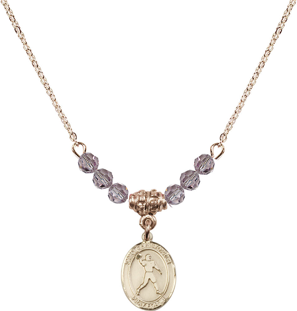 14kt Gold Filled Saint Christopher/Football Birthstone Necklace with Light Amethyst Beads - 9151