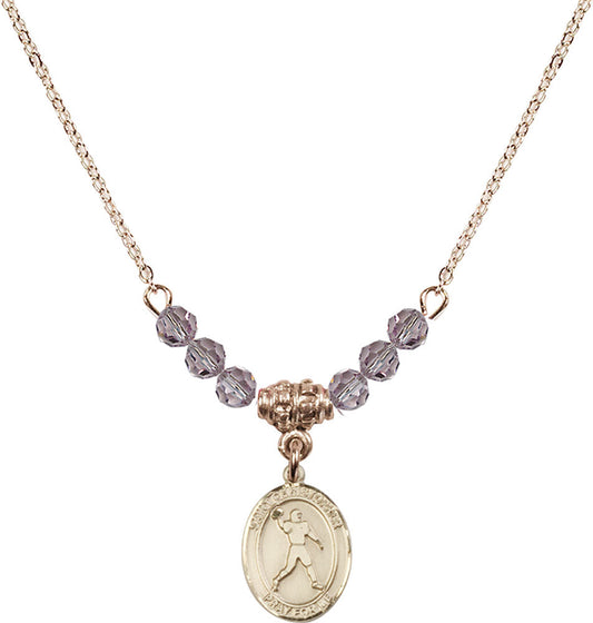 14kt Gold Filled Saint Christopher/Football Birthstone Necklace with Light Amethyst Beads - 9151