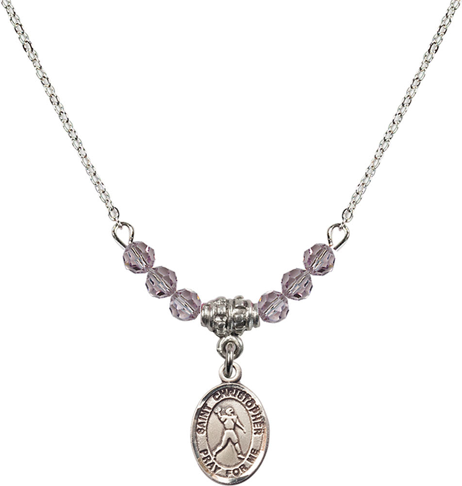 Sterling Silver Saint Christopher/Football Birthstone Necklace with Light Amethyst Beads - 9151