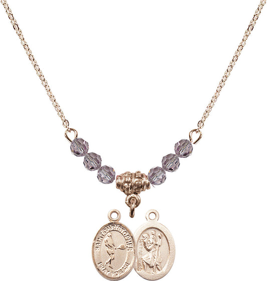 14kt Gold Filled Saint Christopher/Tennis Birthstone Necklace with Light Amethyst Beads - 9156