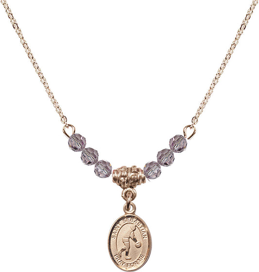 14kt Gold Filled Saint Sebastian/Basketball Birthstone Necklace with Light Amethyst Beads - 9163
