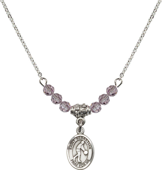 Sterling Silver Saint Sebastian/Basketball Birthstone Necklace with Light Amethyst Beads - 9163
