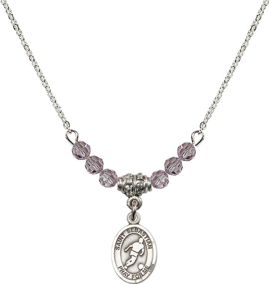 Sterling Silver Saint Sebastian/Soccer Birthstone Necklace with Light Amethyst Beads - 9164