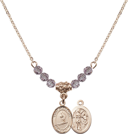 14kt Gold Filled Saint Sebastian/Skiing Birthstone Necklace with Light Amethyst Beads - 9169