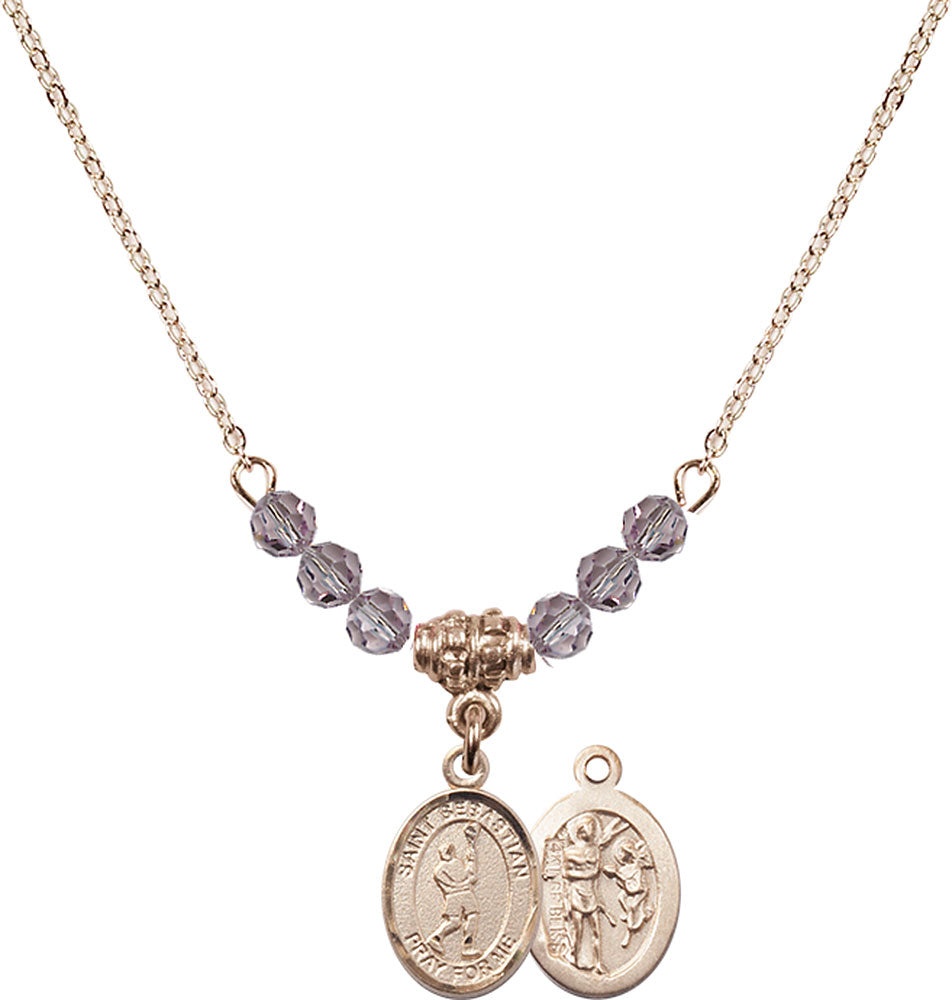 14kt Gold Filled Saint Sebastian/Lacrosse Birthstone Necklace with Light Amethyst Beads - 9174