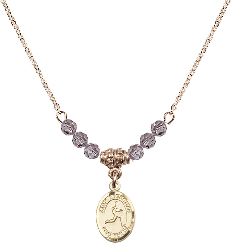 14kt Gold Filled Saint Sebastian/Track & Field Birthstone Necklace with Light Amethyst Beads - 9176