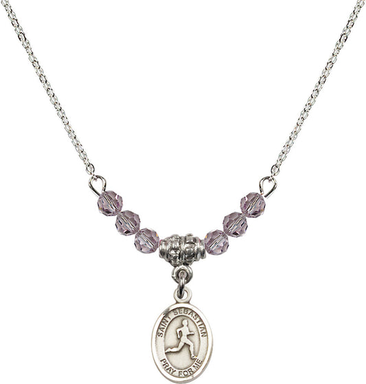 Sterling Silver Saint Sebastian/Track & Field Birthstone Necklace with Light Amethyst Beads - 9176