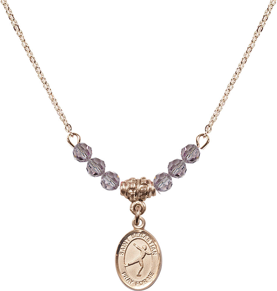 14kt Gold Filled Saint Sebastian/Figure Skating Birthstone Necklace with Light Amethyst Beads - 9177