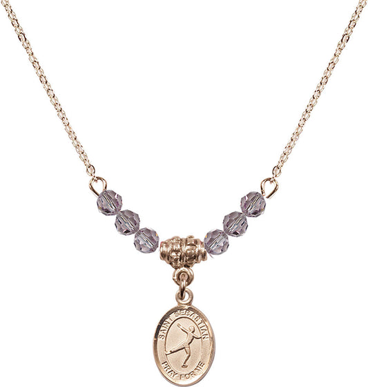 14kt Gold Filled Saint Sebastian/Figure Skating Birthstone Necklace with Light Amethyst Beads - 9177