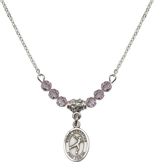 Sterling Silver Saint Sebastian/Figure Skating Birthstone Necklace with Light Amethyst Beads - 9177