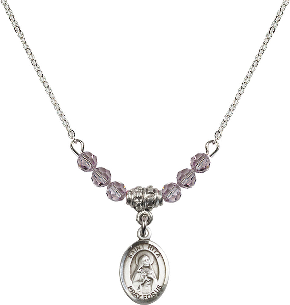 Sterling Silver Saint Rita / Baseball Birthstone Necklace with Light Amethyst Beads - 9181