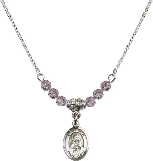 Sterling Silver Saint Rita / Baseball Birthstone Necklace with Light Amethyst Beads - 9181