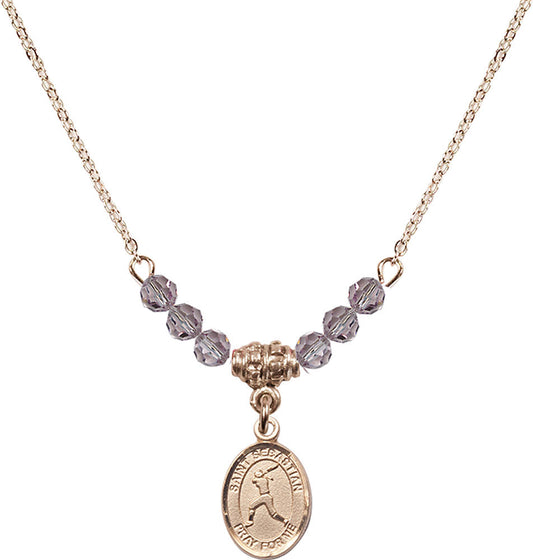 14kt Gold Filled Saint Sebastian/Softball Birthstone Necklace with Light Amethyst Beads - 9183