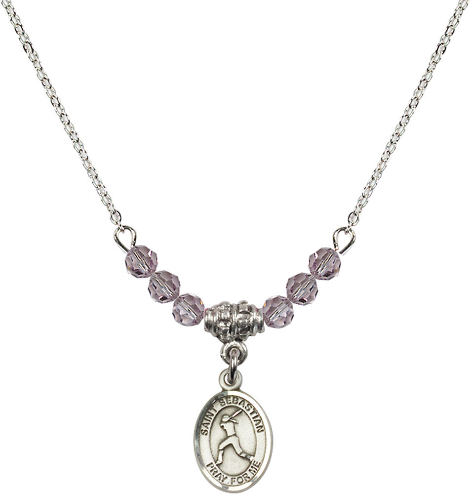 Sterling Silver Saint Sebastian/Softball Birthstone Necklace with Light Amethyst Beads - 9183