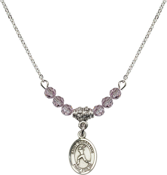 Sterling Silver Saint Sebastian/Softball Birthstone Necklace with Light Amethyst Beads - 9183