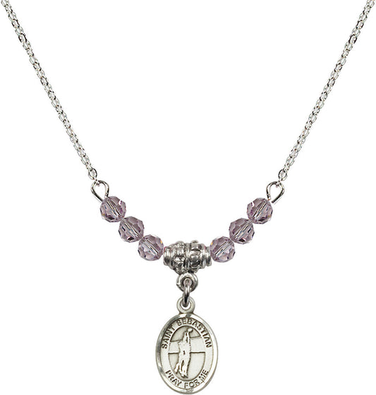 Sterling Silver Saint Sebastian / Volleyball Birthstone Necklace with Light Amethyst Beads - 9186