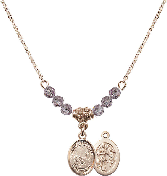 14kt Gold Filled Saint Sebastian / Fishing Birthstone Necklace with Light Amethyst Beads - 9188