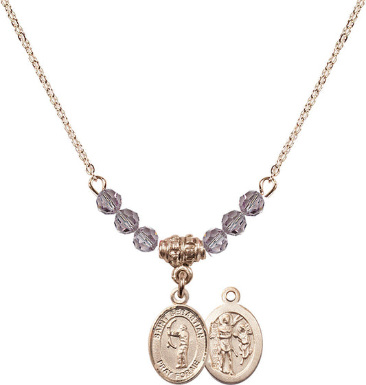 14kt Gold Filled Saint Sebastian / Archery Birthstone Necklace with Light Amethyst Beads - 9189