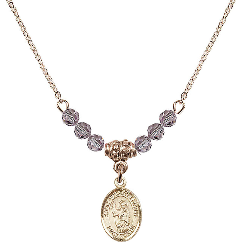 14kt Gold Filled Saint Vincent Ferrer Birthstone Necklace with Light Amethyst Beads - 9201