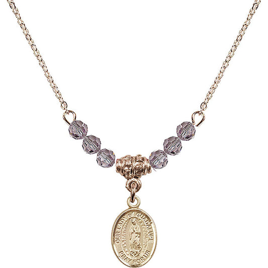 14kt Gold Filled Our Lady of Guadalupe Birthstone Necklace with Light Amethyst Beads - 9206
