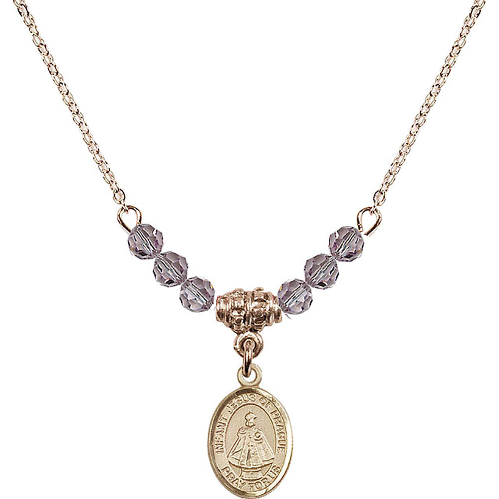 14kt Gold Filled Infant of Prague Birthstone Necklace with Light Amethyst Beads - 9207