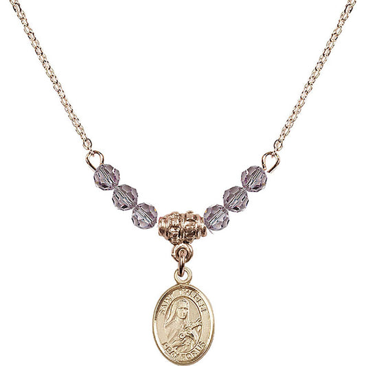 14kt Gold Filled Saint Therese of Lisieux Birthstone Necklace with Light Amethyst Beads - 9210