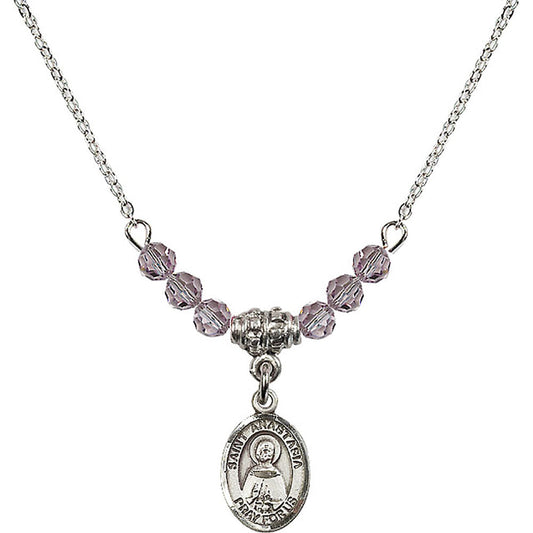 Sterling Silver Saint Anastasia Birthstone Necklace with Light Amethyst Beads - 9213