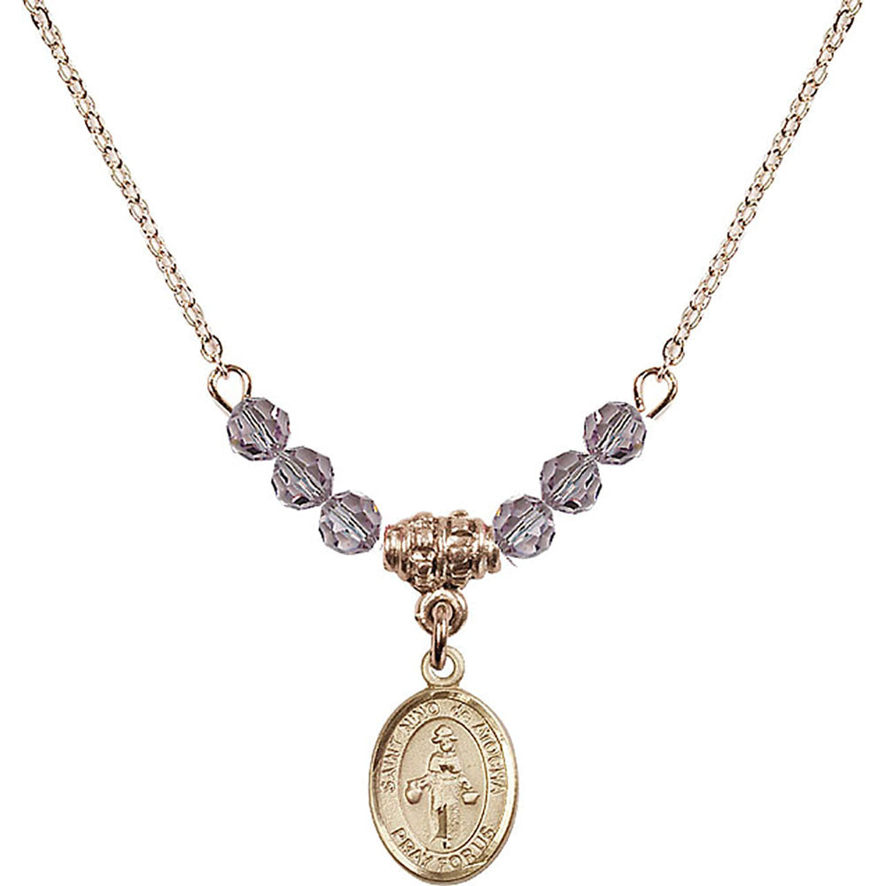 14kt Gold Filled Saint Nino de Atocha Birthstone Necklace with Light Amethyst Beads - 9214