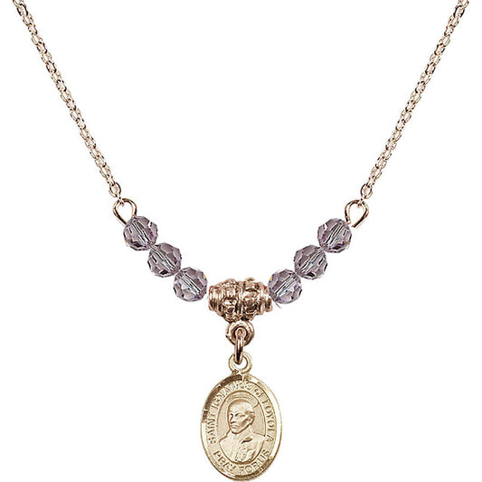 14kt Gold Filled Saint Ignatius of Loyola Birthstone Necklace with Light Amethyst Beads - 9217