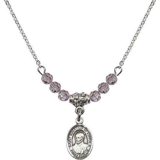Sterling Silver Saint Ignatius of Loyola Birthstone Necklace with Light Amethyst Beads - 9217