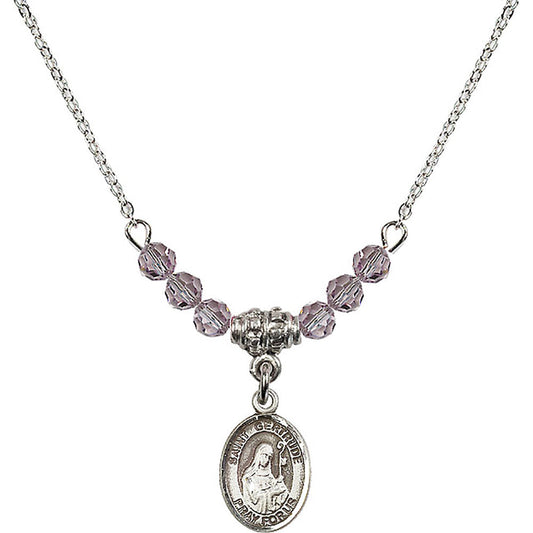 Sterling Silver Saint Gertrude of Nivelles Birthstone Necklace with Light Amethyst Beads - 9219