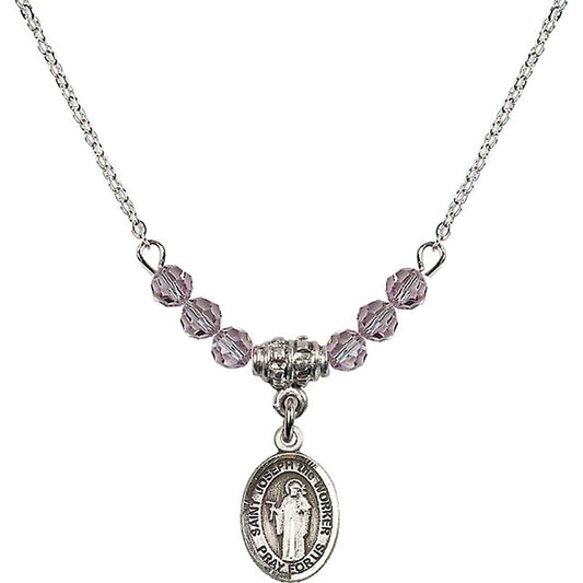 Sterling Silver Saint Joseph the Worker Birthstone Necklace with Light Amethyst Beads - 9220