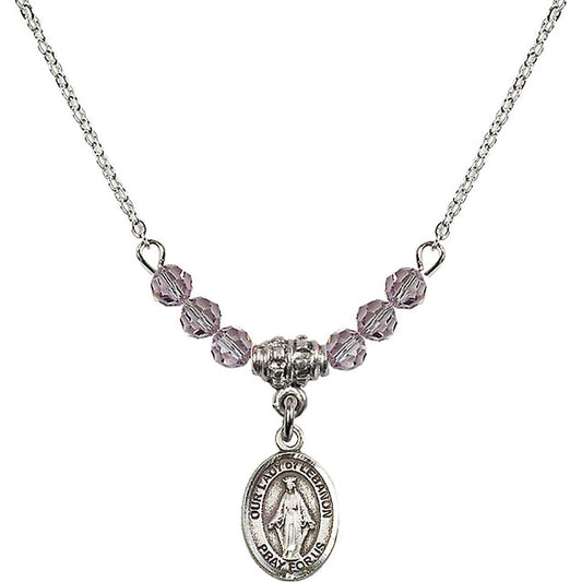 Sterling Silver Our Lady of Lebanon Birthstone Necklace with Light Amethyst Beads - 9229