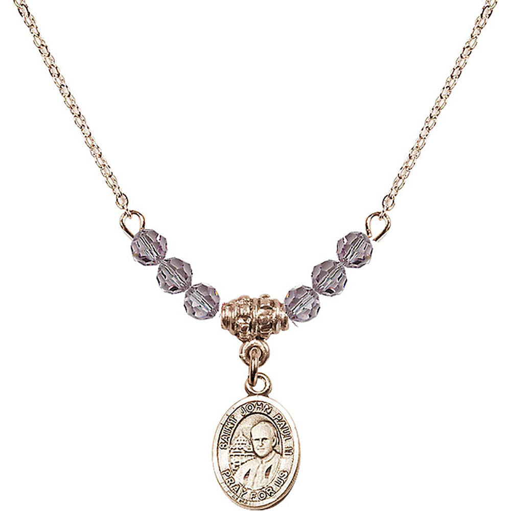14kt Gold Filled Saint John Paul II Birthstone Necklace with Light Amethyst Beads - 9234