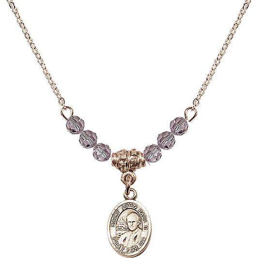 14kt Gold Filled Saint John Paul II Birthstone Necklace with Light Amethyst Beads - 9234