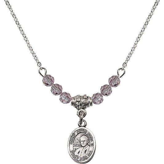 Sterling Silver Saint John Paul II Birthstone Necklace with Light Amethyst Beads - 9234