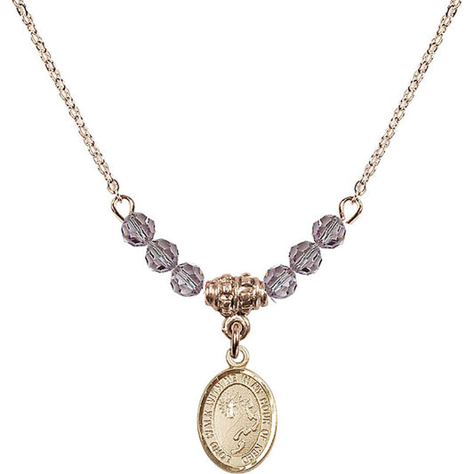 14kt Gold Filled Footprints / Cross Birthstone Necklace with Light Amethyst Beads - 9237