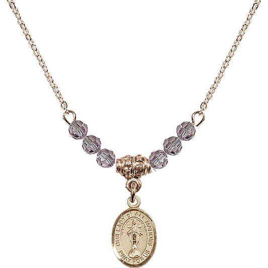 14kt Gold Filled Our Lady of All Nations Birthstone Necklace with Light Amethyst Beads - 9242