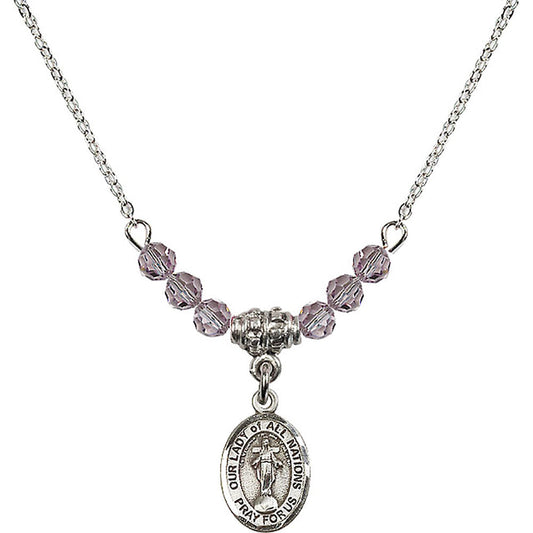 Sterling Silver Our Lady of All Nations Birthstone Necklace with Light Amethyst Beads - 9242