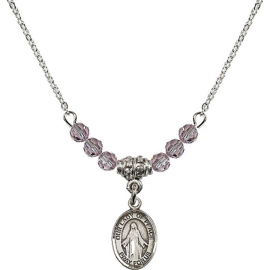 Sterling Silver Our Lady of Peace Birthstone Necklace with Light Amethyst Beads - 9245