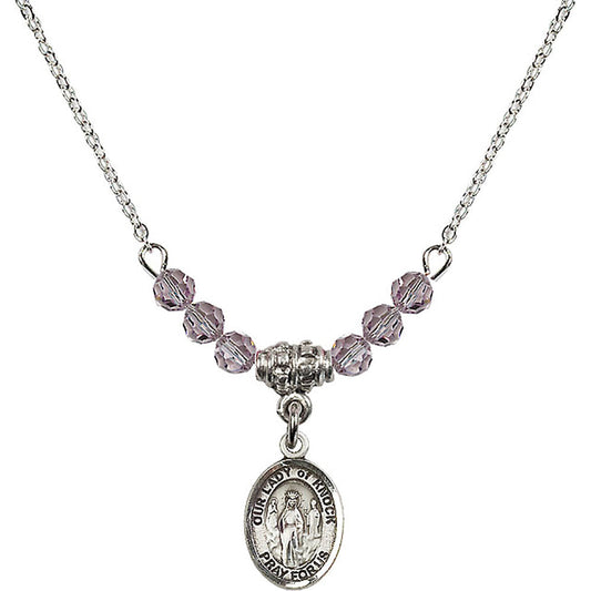 Sterling Silver Our Lady of Knock Birthstone Necklace with Light Amethyst Beads - 9246