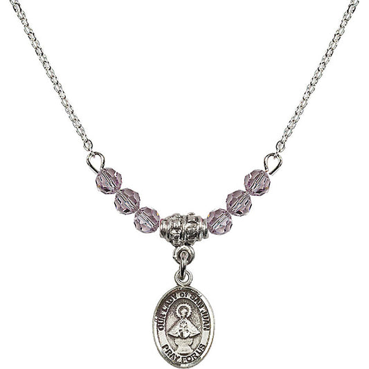 Sterling Silver Our Lady of San Juan Birthstone Necklace with Light Amethyst Beads - 9263